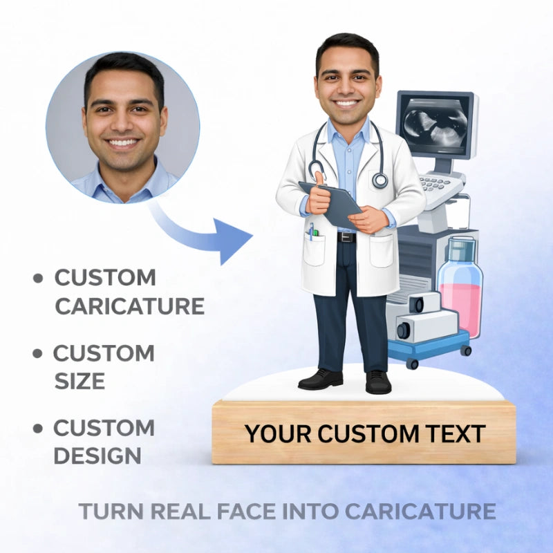 Custom doctor caricature created from customer photo using MDF cutout and wooden base with personalized text