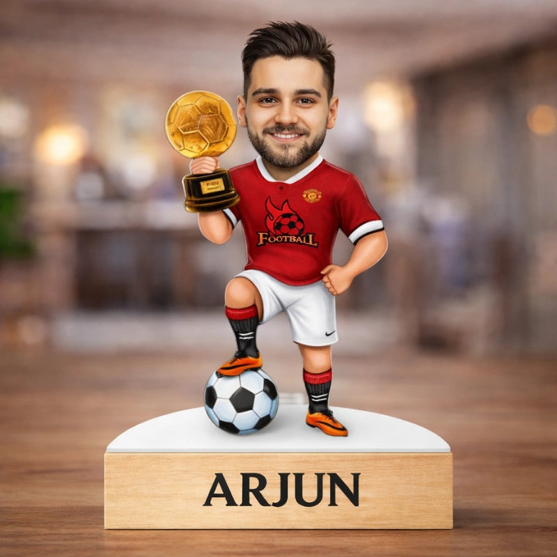 Custom football caricature made from MDF with wooden base and personalized name text, perfect gift for football lovers