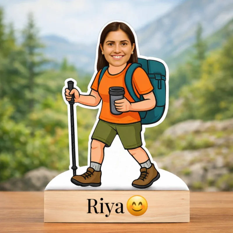 Custom lady traveller caricature made from MDF with wooden base and personalized name text, perfect personalized travel gift
