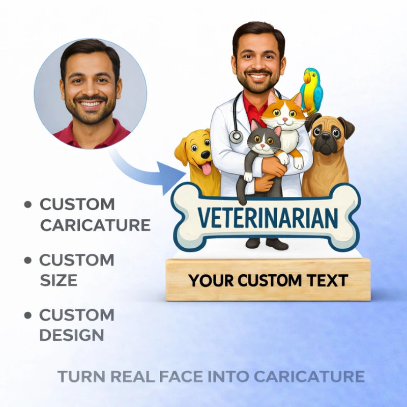 Custom male veterinarian caricature created from customer photo using MDF cutout and wooden base with personalized text