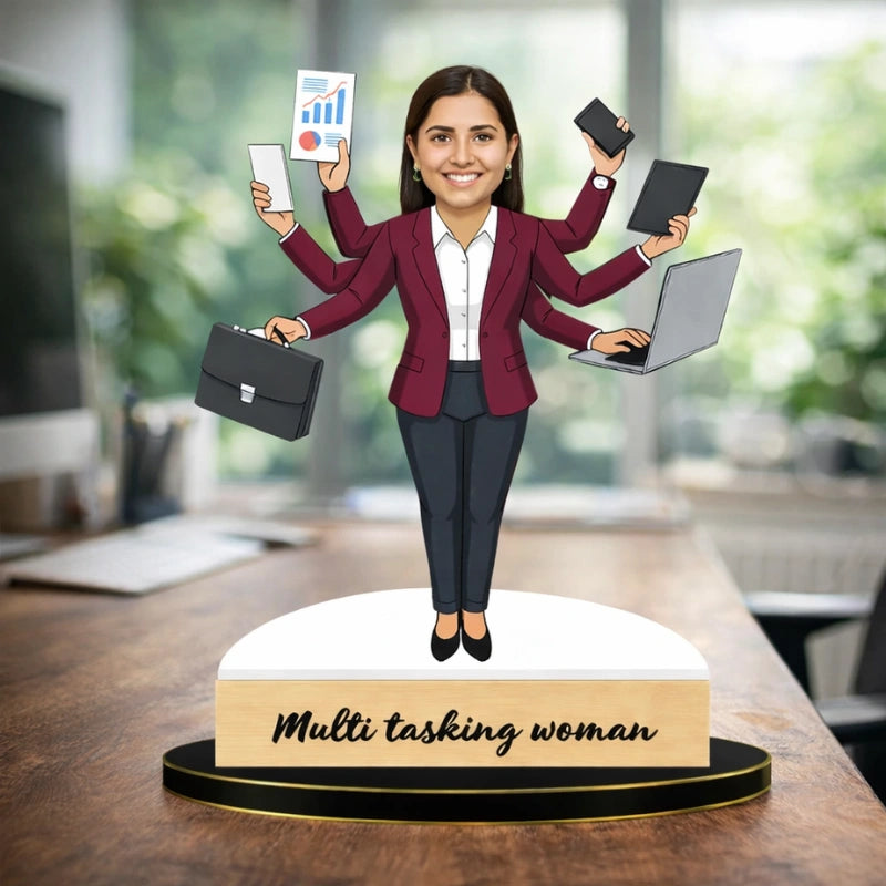 Custom multitasking lady caricature made of MDF with wooden base and personalized text, perfect corporate gift for working women