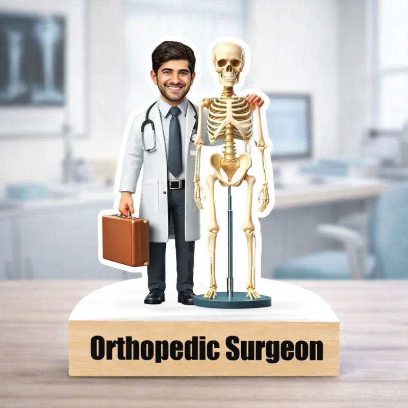 Custom orthopedic doctor caricature made from MDF with wooden base and personalized text, perfect gift for doctors
