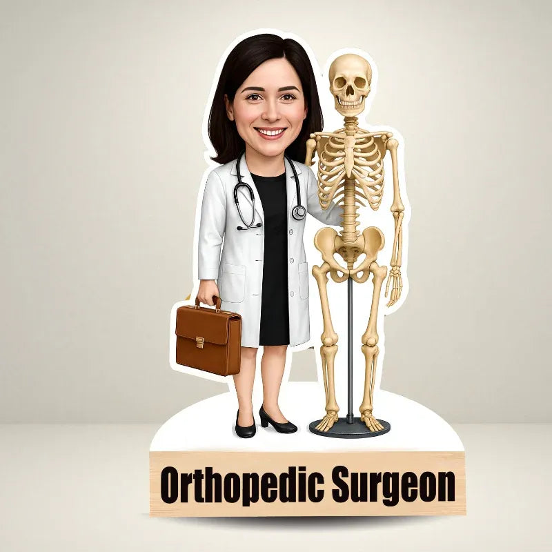 Custom MDF orthopedic surgeon caricature featuring a doctor standing beside a human skeleton model on a premium wooden base with personalized text – perfect personalized gift for orthopedic surgeons.