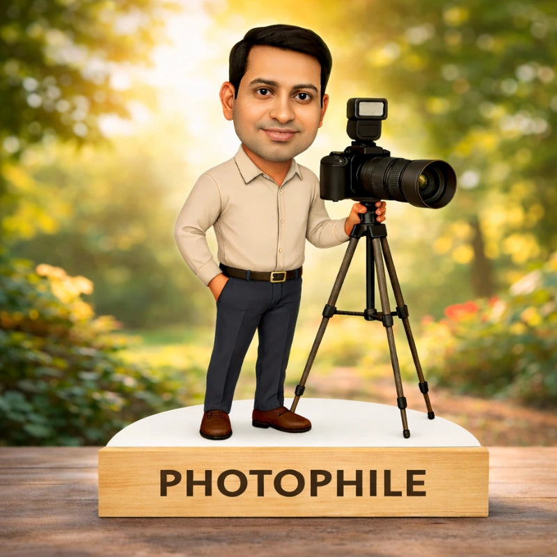 Custom MDF photographer caricature of an Indian male holding a DSLR camera on a tripod, placed on a premium wooden base with personalized text – perfect personalized photographer gift.