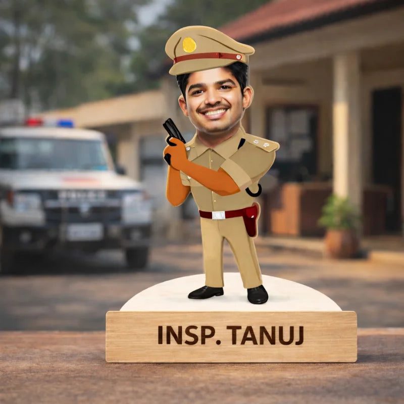 Custom policeman caricature made from MDF with wooden base and personalized name text, perfect gift for police officer
