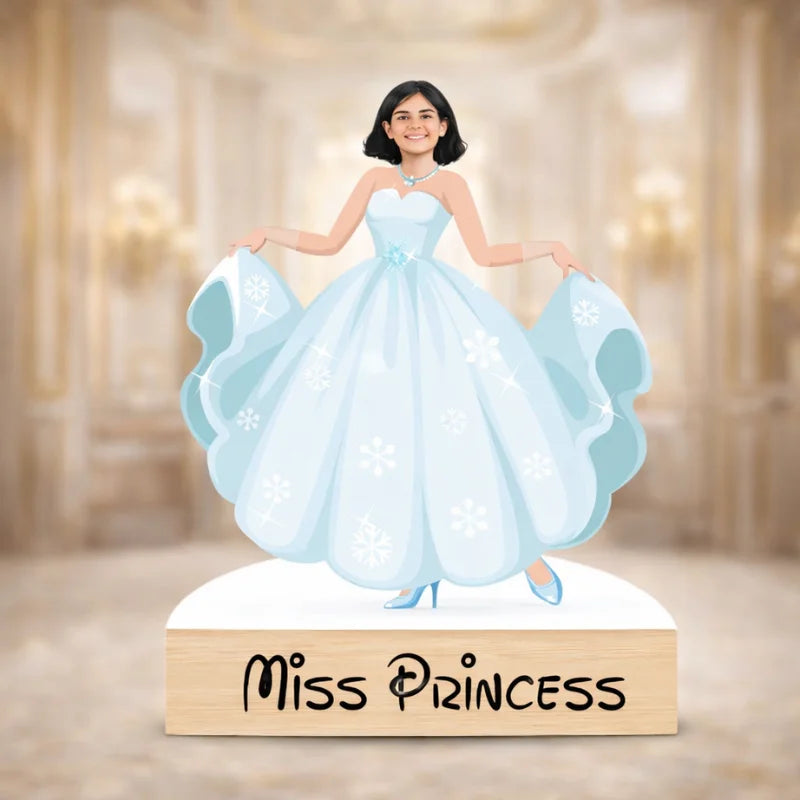 Custom princess girl caricature made from MDF with wooden base and personalized name text, perfect gift for kids

