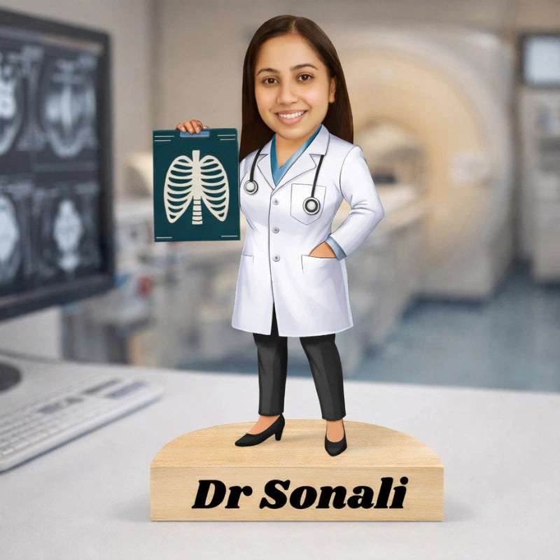 Custom MDF caricature of an Indian female radiologist doctor holding an X-ray, mounted on a premium wooden base with personalized name text – perfect personalized doctor gift.