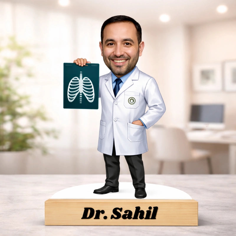 Custom MDF radiologist doctor caricature of an Indian male holding an X-ray film, mounted on a premium wooden base with personalized name text – perfect personalized doctor gift.