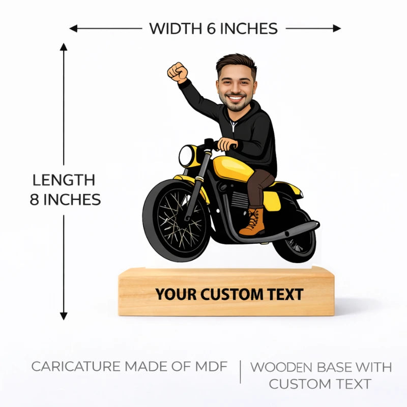 Rider caricature made of MDF with wooden base and custom text, 8x6 inch personalized biker desk decor