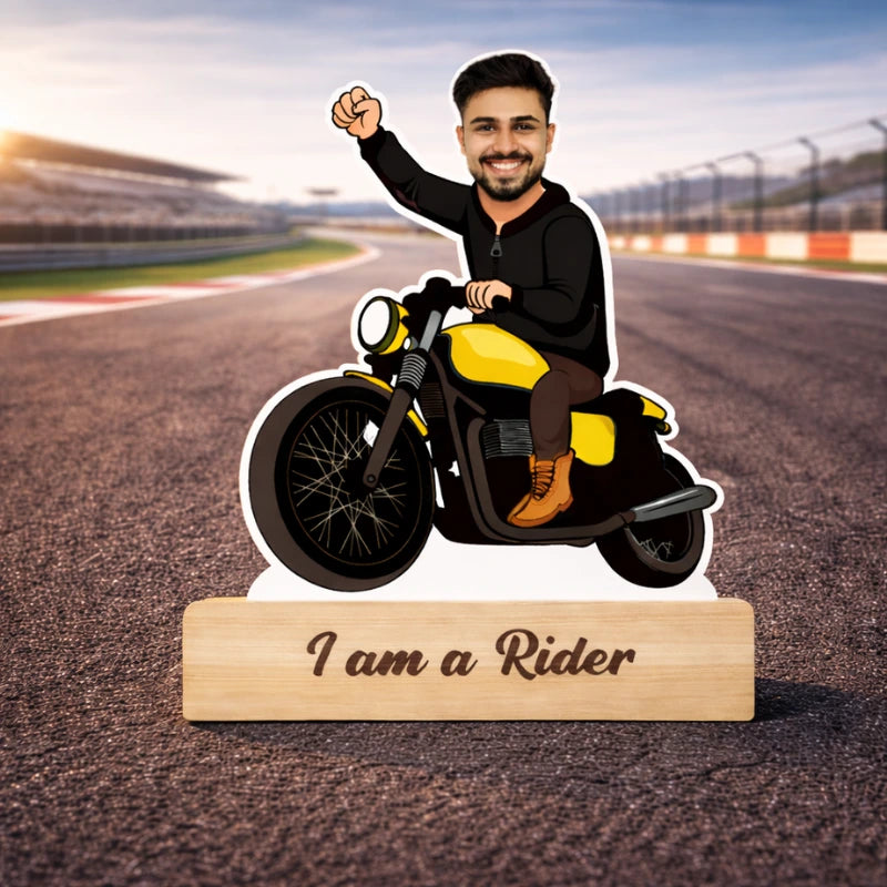 Custom rider caricature made from MDF with wooden base, personalized biker gift shown on open highway background