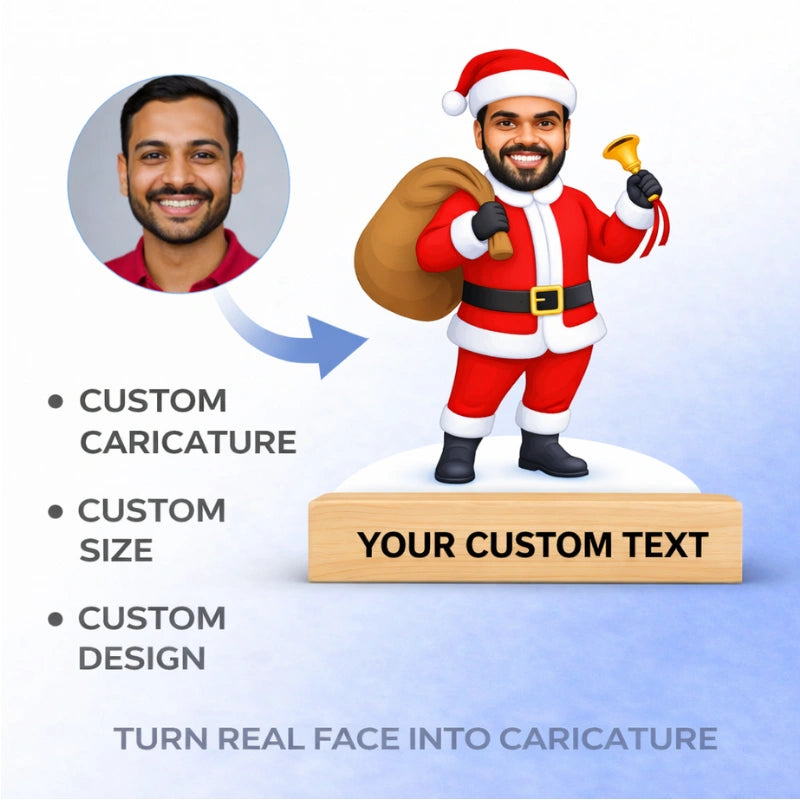 Before and after transformation showing an Indian male photo turned into a personalized Santa Claus caricature with MDF cut and wooden base