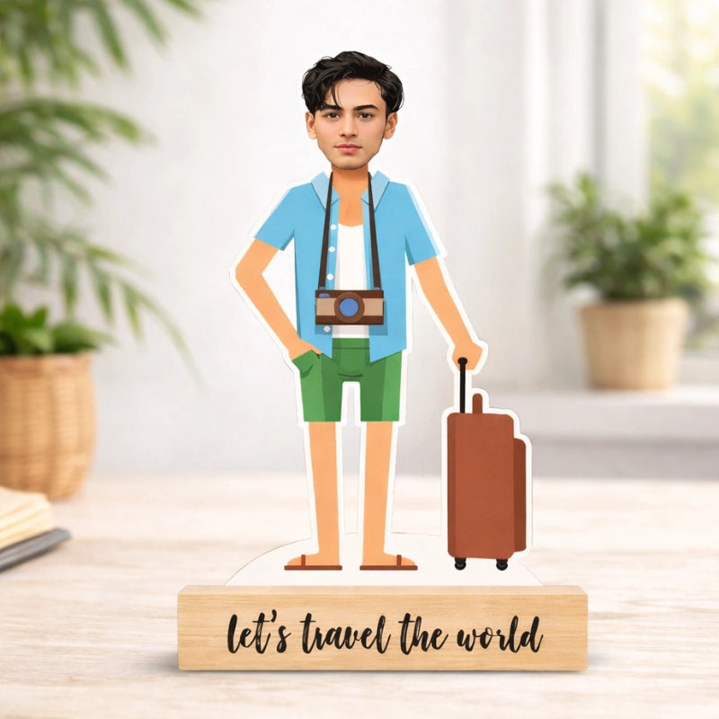 Custom travel lover caricature made from MDF with wooden base and personalized name text, featuring an Indian male holding a suitcase and camera.