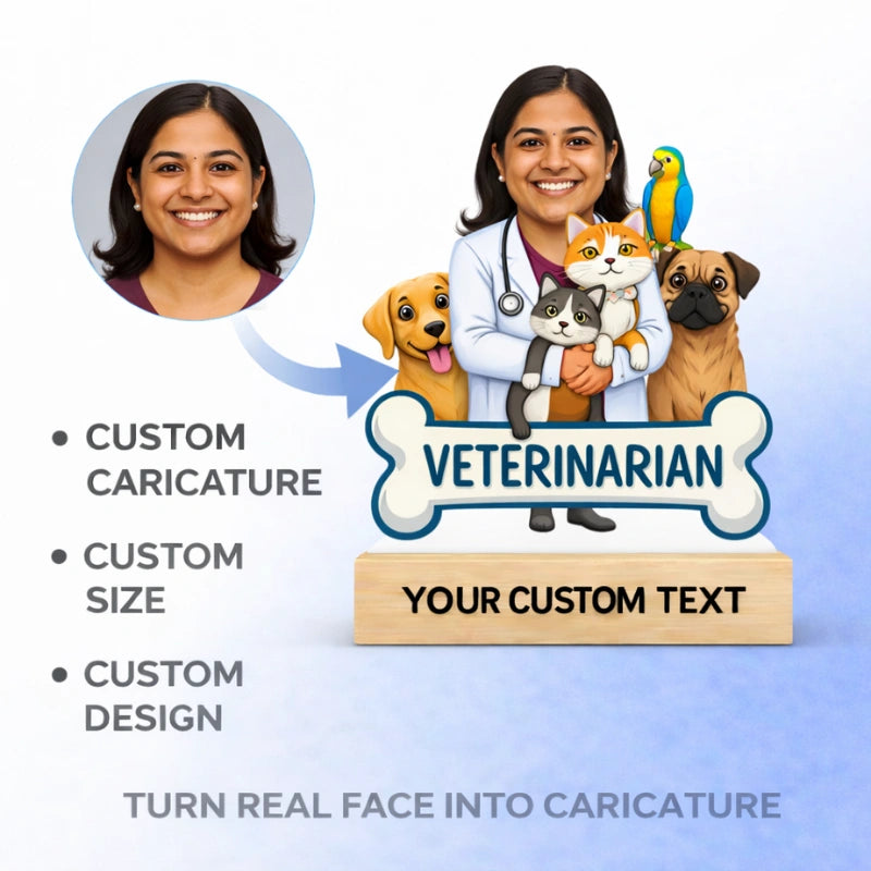 Custom veterinarian caricature created from customer photo using MDF cutout and wooden base with personalized text