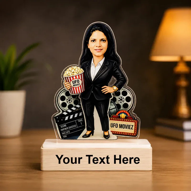 Decorative figure of a woman in a suit with movie-themed props on a wooden base.