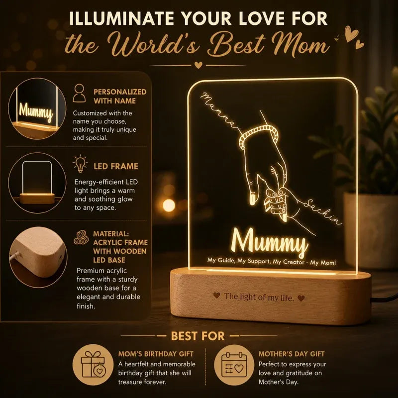 Glowing LED lamp with 'Mummy' engraving on a wooden base, surrounded by promotional text.