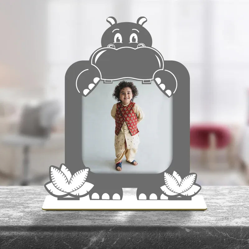 Personalised baby birthday photo frame with cute hippo character design. wooden acrylic baby photo frame for nursery baby shower and first birthday gift