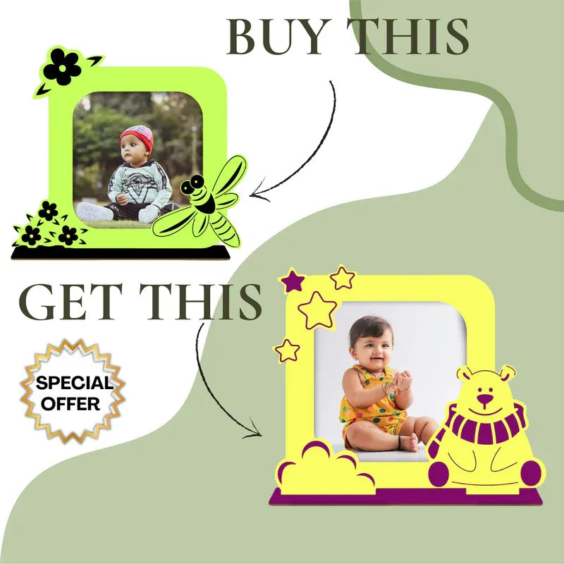 Promotional graphic showing two photo frames with a special offer on a light green background.