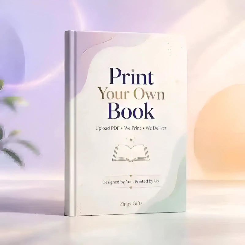 Custom book printing at Zingy Gifts – hardcover book with "Print Your Own Book, Upload PDF, We Print, We Deliver" cover design.