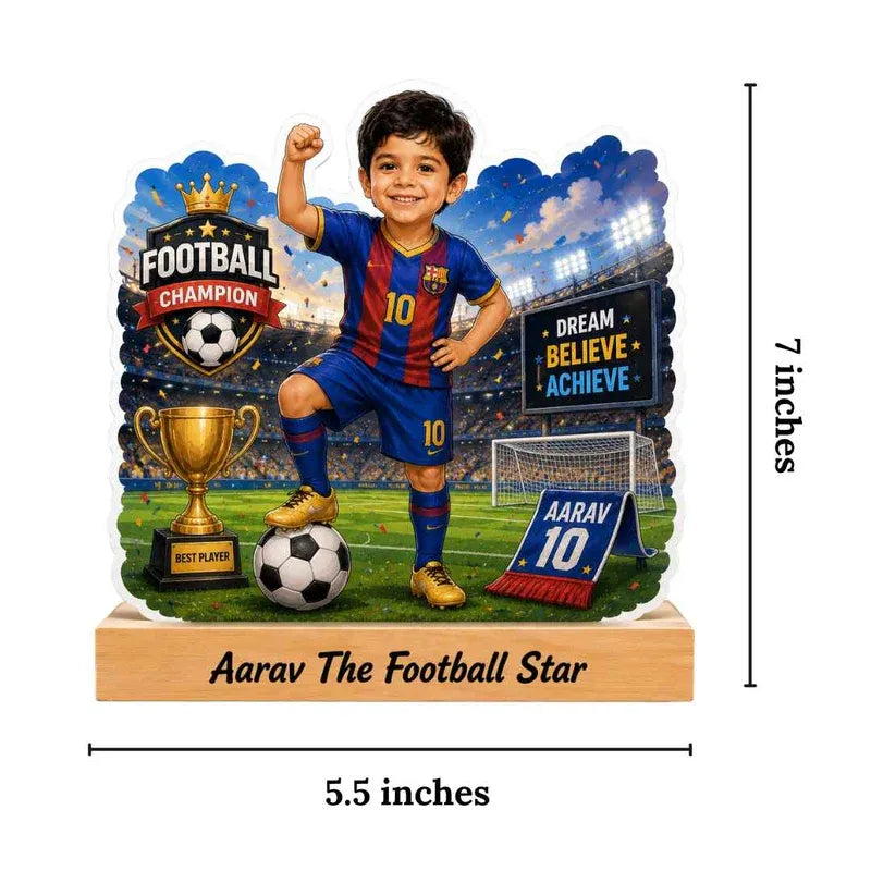 Personalized soccer-themed trophy with a child in a sports uniform, surrounded by graphics and text.