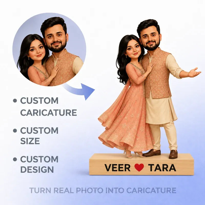 Custom caricature couple standee of a man and woman named Veer and Tara, shown standing on a wooden base with the text 'VEER HEART TARA'. The image includes a circular inset of the original real photos of the couple, an arrow pointing to the caricature, and marketing text highlighting custom features.