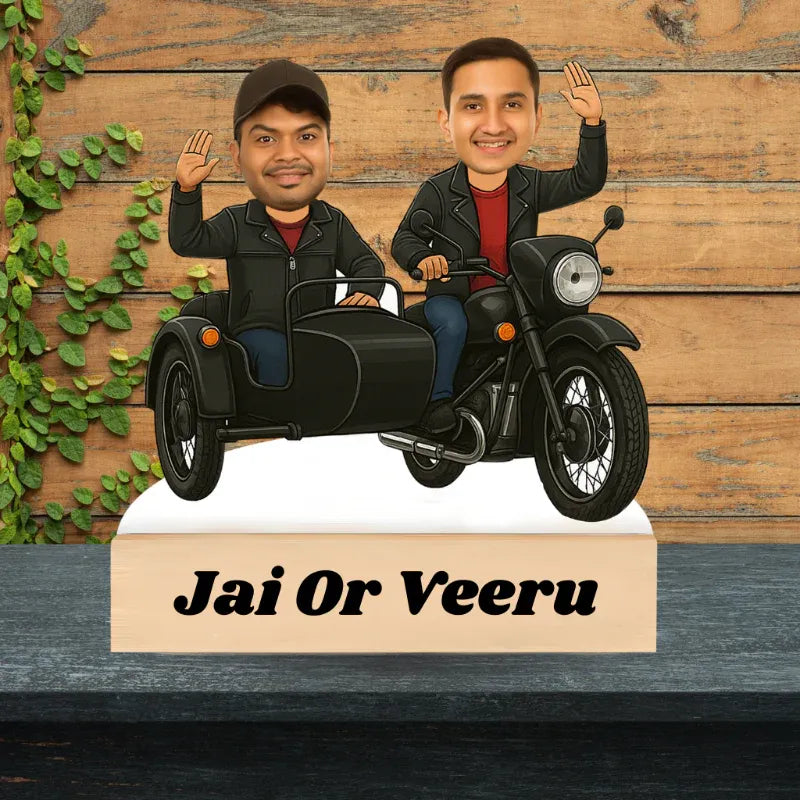 Two people on a motorcycle with sidecar against a wooden background