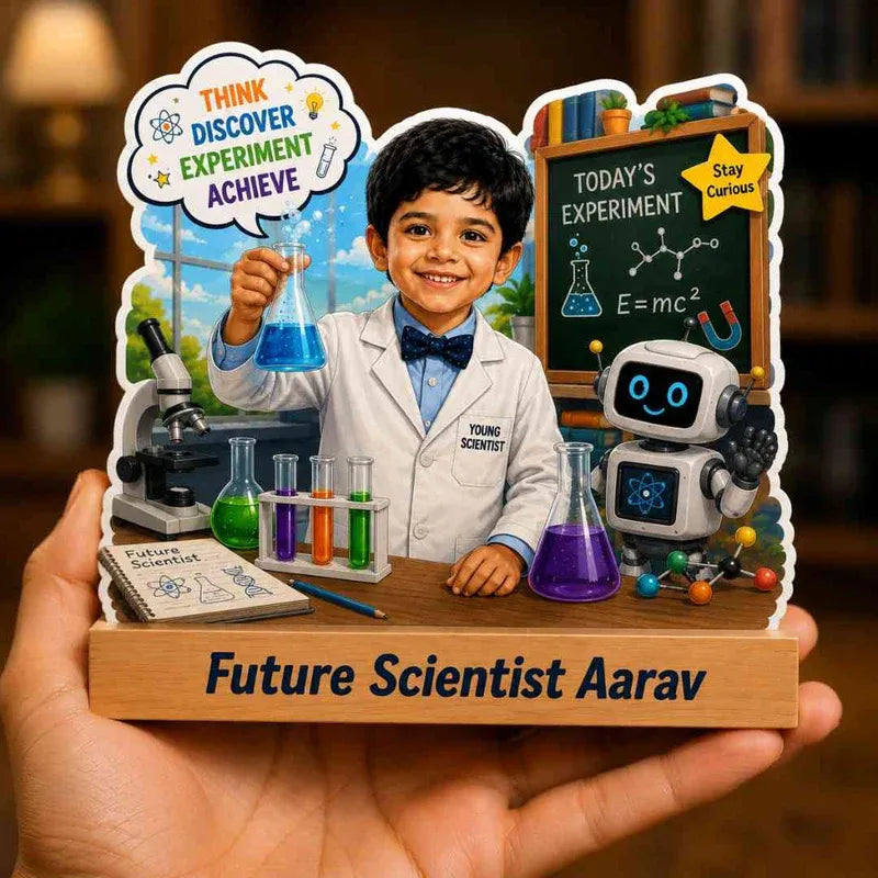 Personalized toy set for a child named Aarav, themed as a future scientist with a robot and science equipment.