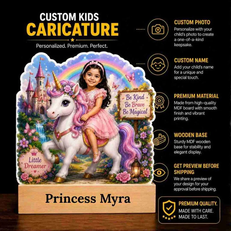 Custom kids caricature with a girl on a unicorn, castle, and rainbow, featuring text about customization and quality.