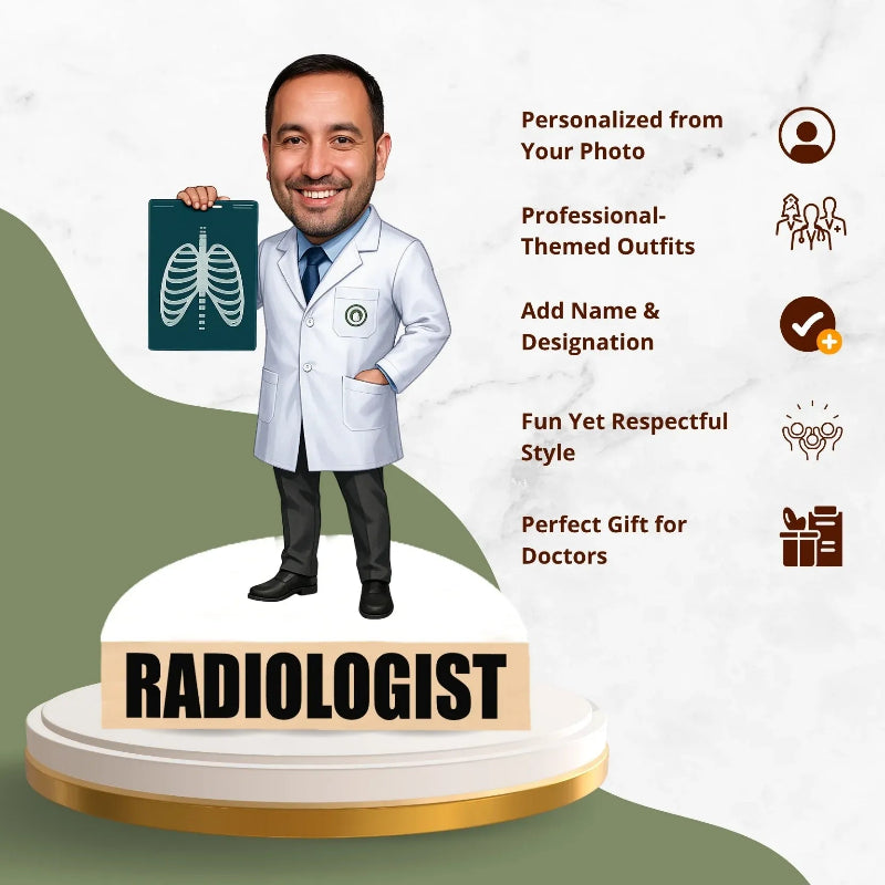 Radiologist figurine with a white coat holding an X-ray, on a light green background.