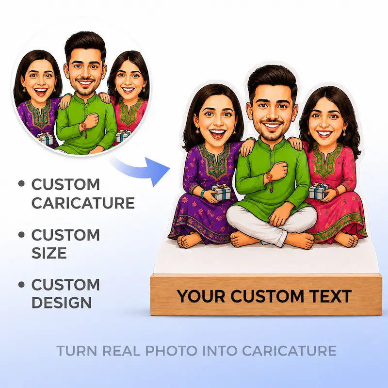 Custom caricature illustration service showing a sample family portrait on a wooden plaque with text reading 'YOUR CUSTOM TEXT,' plus a circular reference photo and callouts for custom caricature, size, design, and text. The background is a soft blue-to-white gradient.