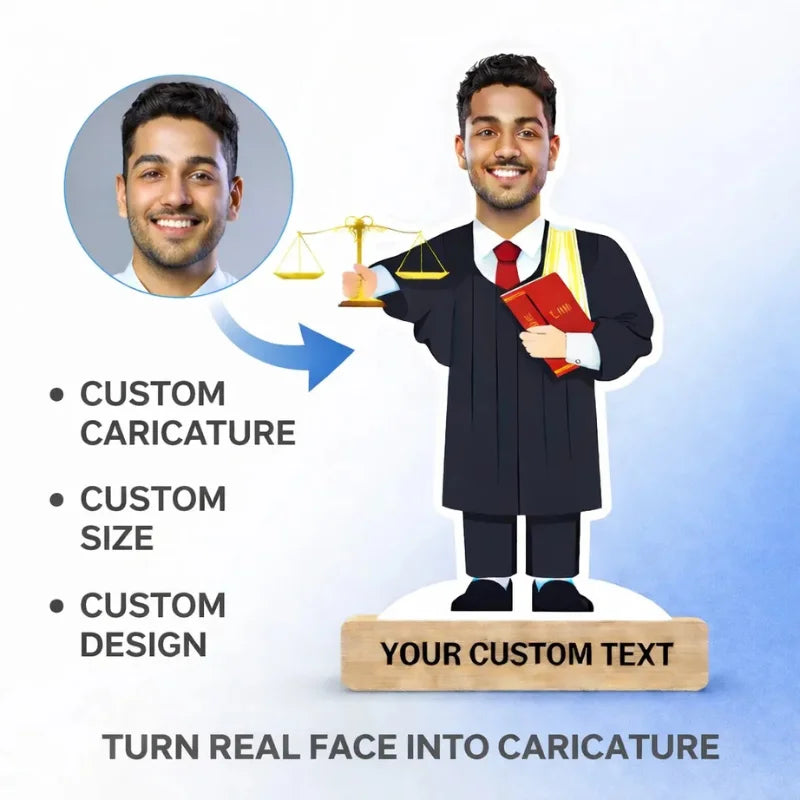 Custom caricature of a person in a lawyer's outfit with text options on a light blue background.