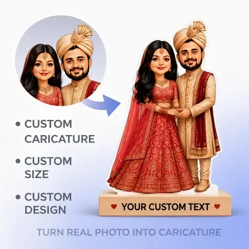 Custom cartoon caricature couple figurine on a light blue gradient background. The product shows a man and woman in traditional South Asian attire, with a circular inset showing the original photo that was converted into a caricature.