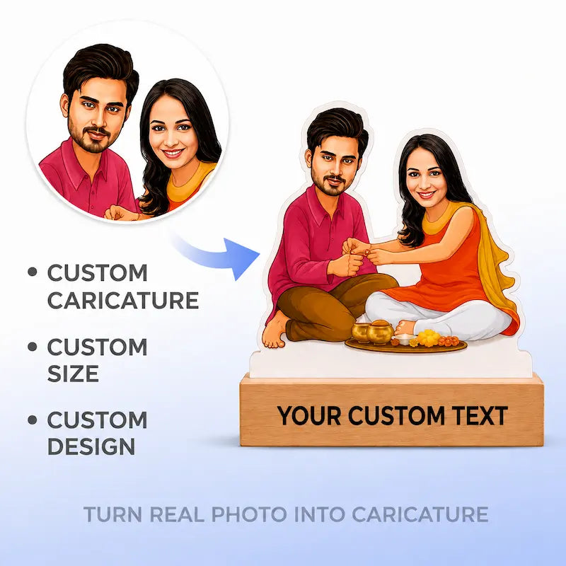 Custom cartoon sibling portrait illustration service showing a real photo of a couple turned into a caricature on a pedestal with the text 'YOUR CUSTOM TEXT' and feature callouts for custom caricature, size, and design.