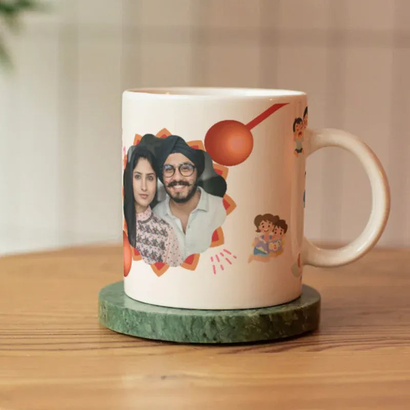 Personalized mug with a couple's photo on a wooden surface
