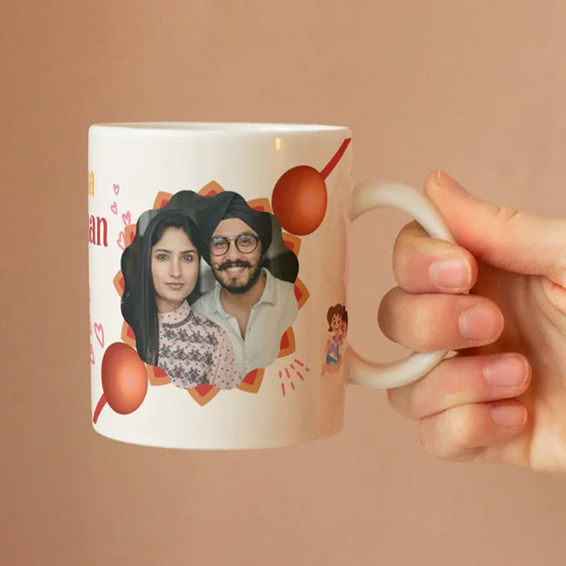 Person holding custom coffee mug with personalized design on a beige background