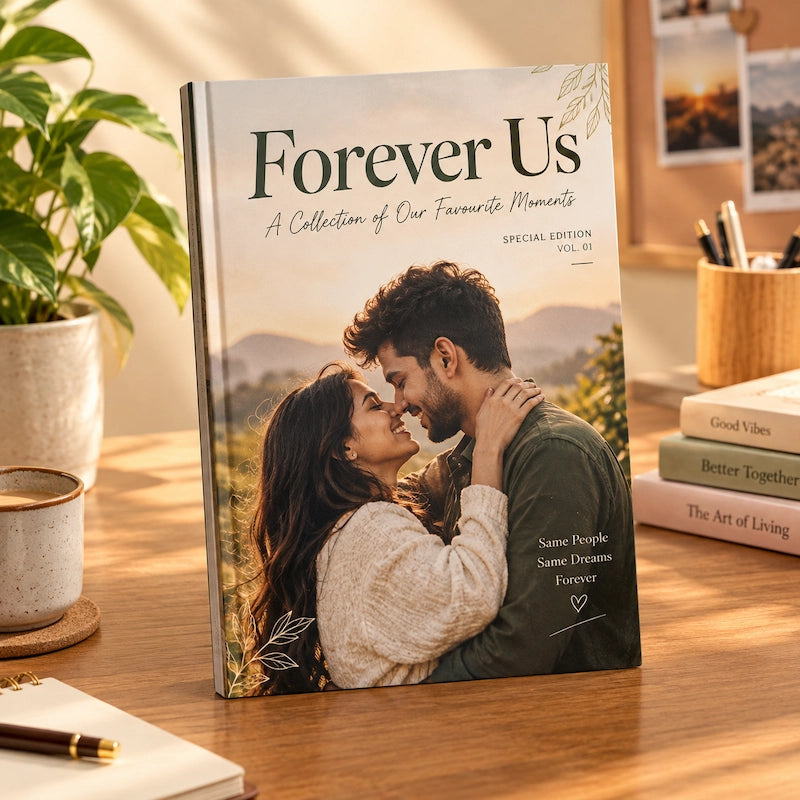 Cover close-up: “Forever Us” custom couple photo magazine cover with a romantic couple photo and the line “Same People, Same Dreams, Forever”