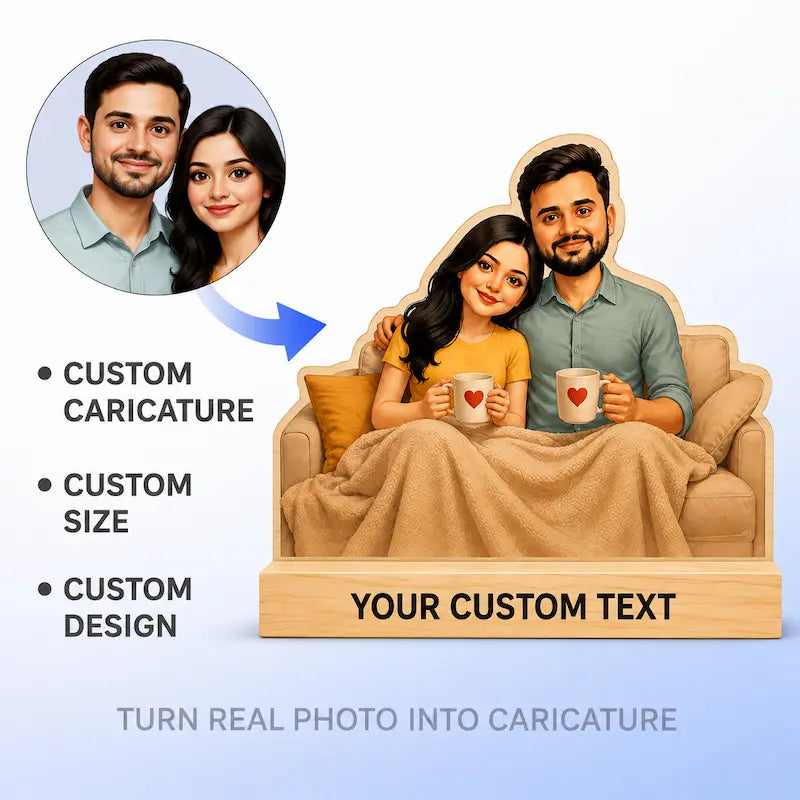 Custom caricature couple cutout on a beige sofa with a blanket and mugs, shown beside text listing custom caricature, custom size, and custom design, with a circular inset of the source photo and the phrase 'Turn real photo into caricature.'