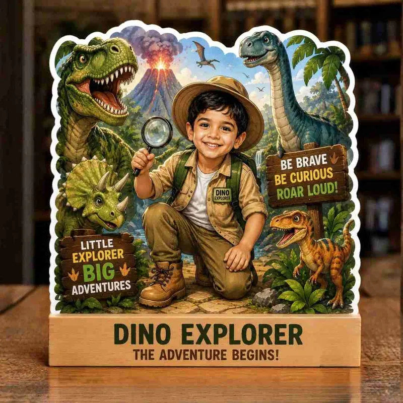 Decorative sign with a child in explorer attire surrounded by dinosaur illustrations and text.