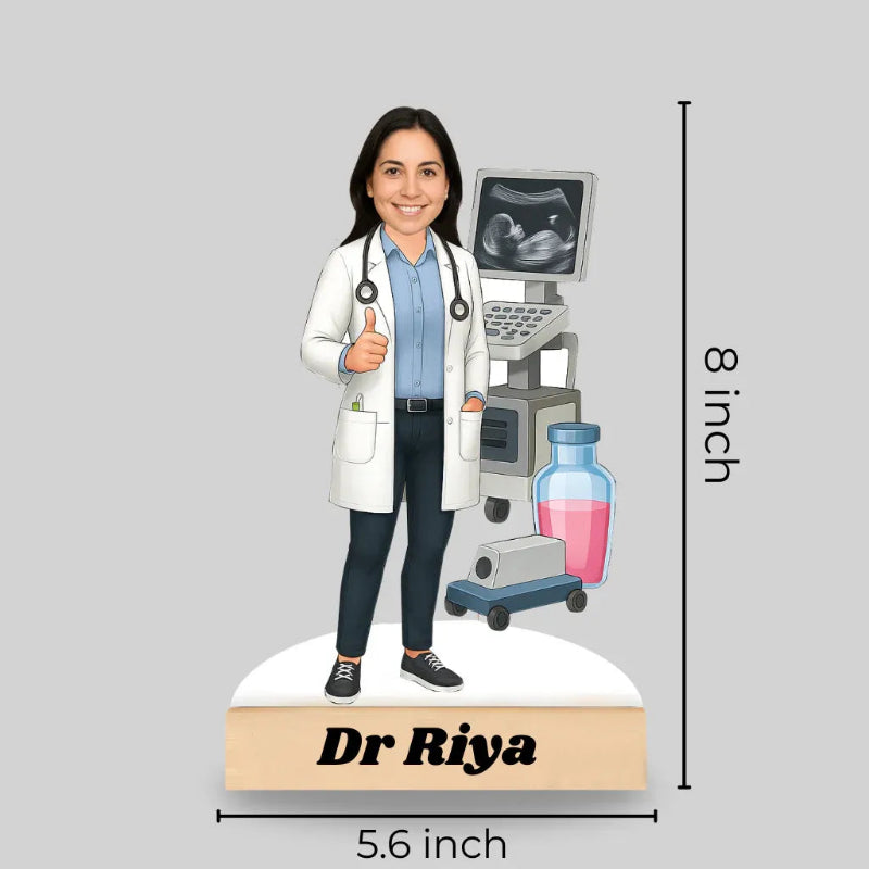 Figurine of a doctor with ultrasound machine and measurements on a gray background