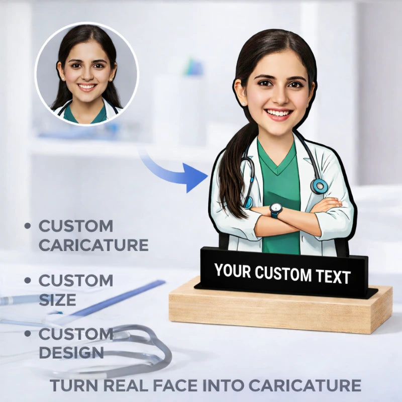 Cartoon caricature of a woman doctor with customizable text on a stand.