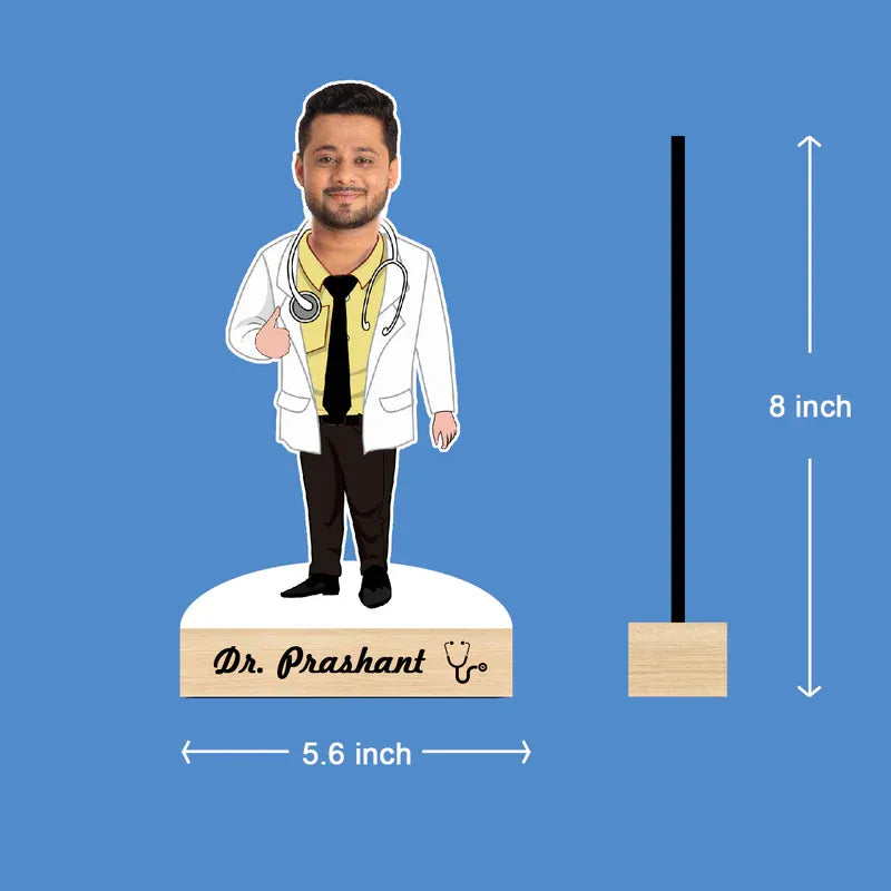Doctor figurine with measurements on a blue background