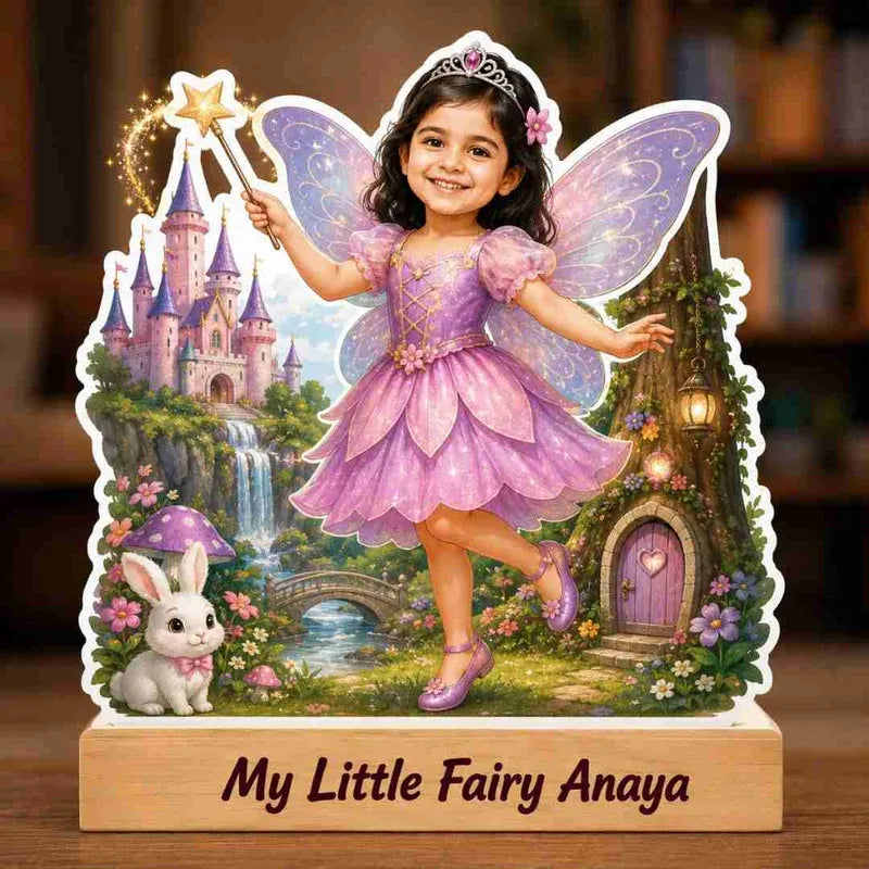 Personalized fairy figurine with a castle and rabbit in the background, on a wooden base.