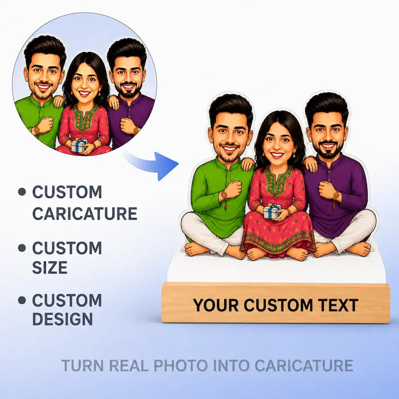 Custom family caricature illustration service showing a circular reference photo of a family on the left and a rendered cartoon family portrait on a pedestal on the right, with text reading 'Custom Caricature', 'Custom Size', 'Custom Design', and 'Turn real photo into caricature'.