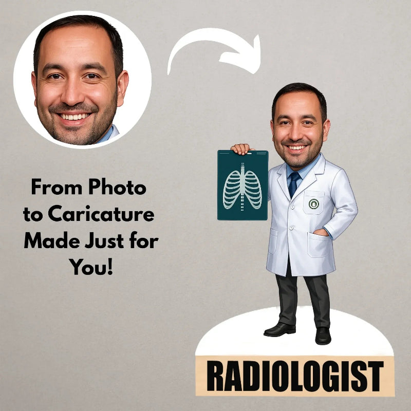 Person in a radiologist's outfit with a caricature of a chest X-ray, text 'From Photo to Caricature Made Just for You! Radiologist'.