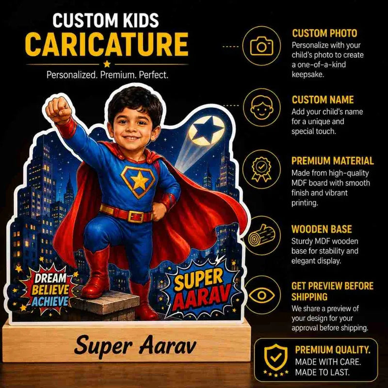 Custom kids caricature of a child in superhero costume with personalized details on a black background.