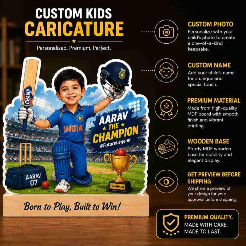 Custom kids caricature of a cricketer with personalized details on a dark background