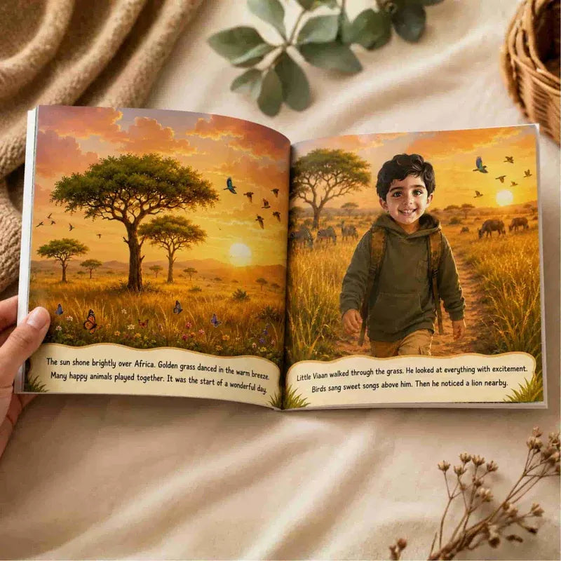 An open children's picture book lying on soft beige fabric, showing a warm illustrated safari scene with trees, birds, and a young boy walking through grass. A hand holds the left page, and decorative leaves and a woven basket are visible around it.