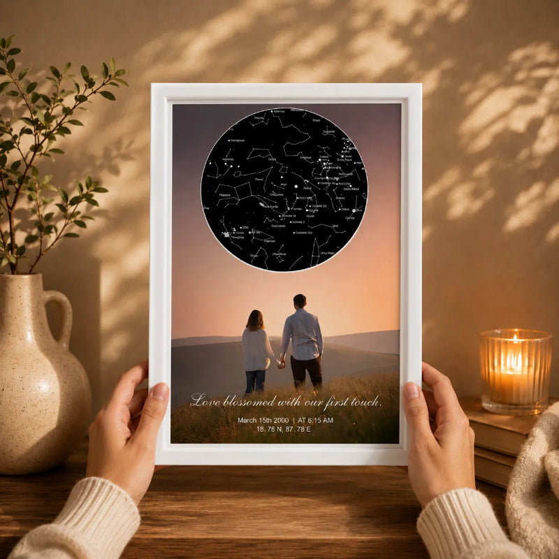 Custom Night Sky Star Map Photo Frame Held in Hands with Elegant Candlelight Background.