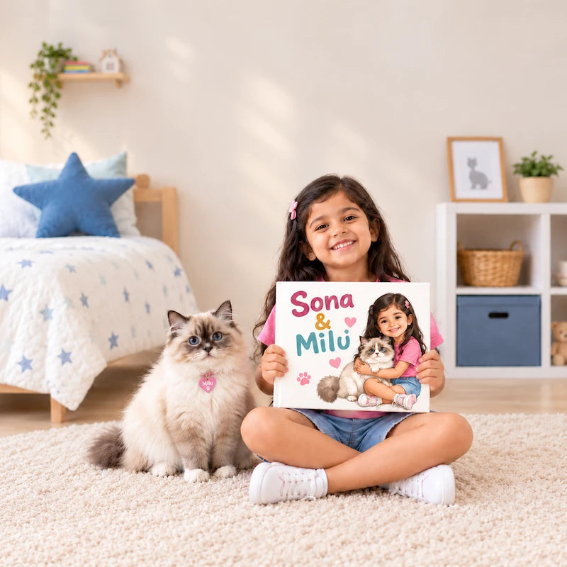 Child holding Custom Pet Adventure Book: Smiling child holding her customised book for kids, a pet adventure book with her cat Milu beside her
