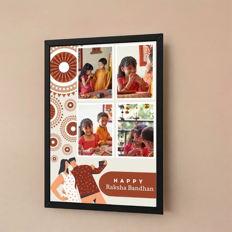 A framed custom photo collage print on a beige wall. The black-framed print features five embedded photos of children, decorative brown and beige circular patterns on the left, and a brown banner at the bottom with the text 'HAPPY Raksha Bandhan'.