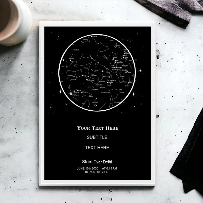 Star map poster with customizable text on a white surface